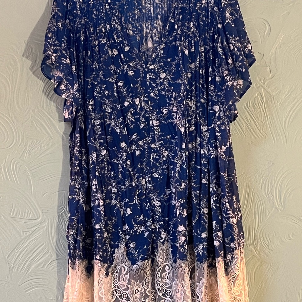 Free People Blue and White Shift Dress with Scalloped Lace Detail